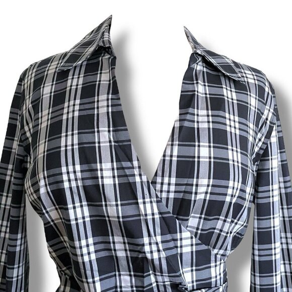 Talbots Womens Blouse Sz 12 Black White Plaid Stretch Cotton Faux Wrap Top Shirt - Picture 4 of 7